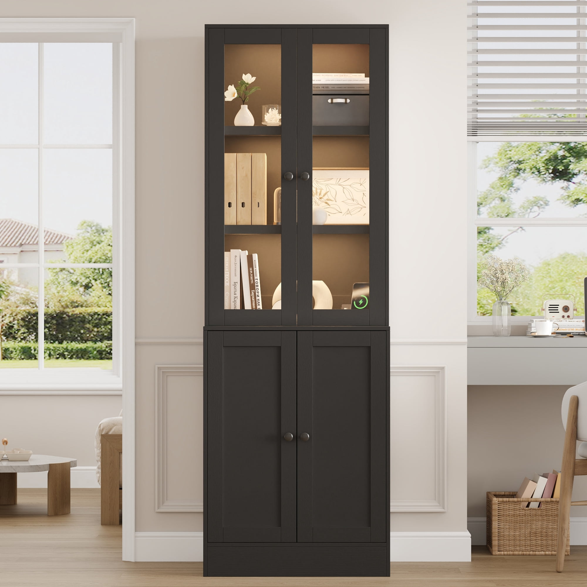NEGYLIM 71" Bookcase with Glass Door,Display Bookshelves with Charging Station & Adjustable LED Lights,Modern Bookcase for Living Room,Bedroom,Home Office (Black B)
