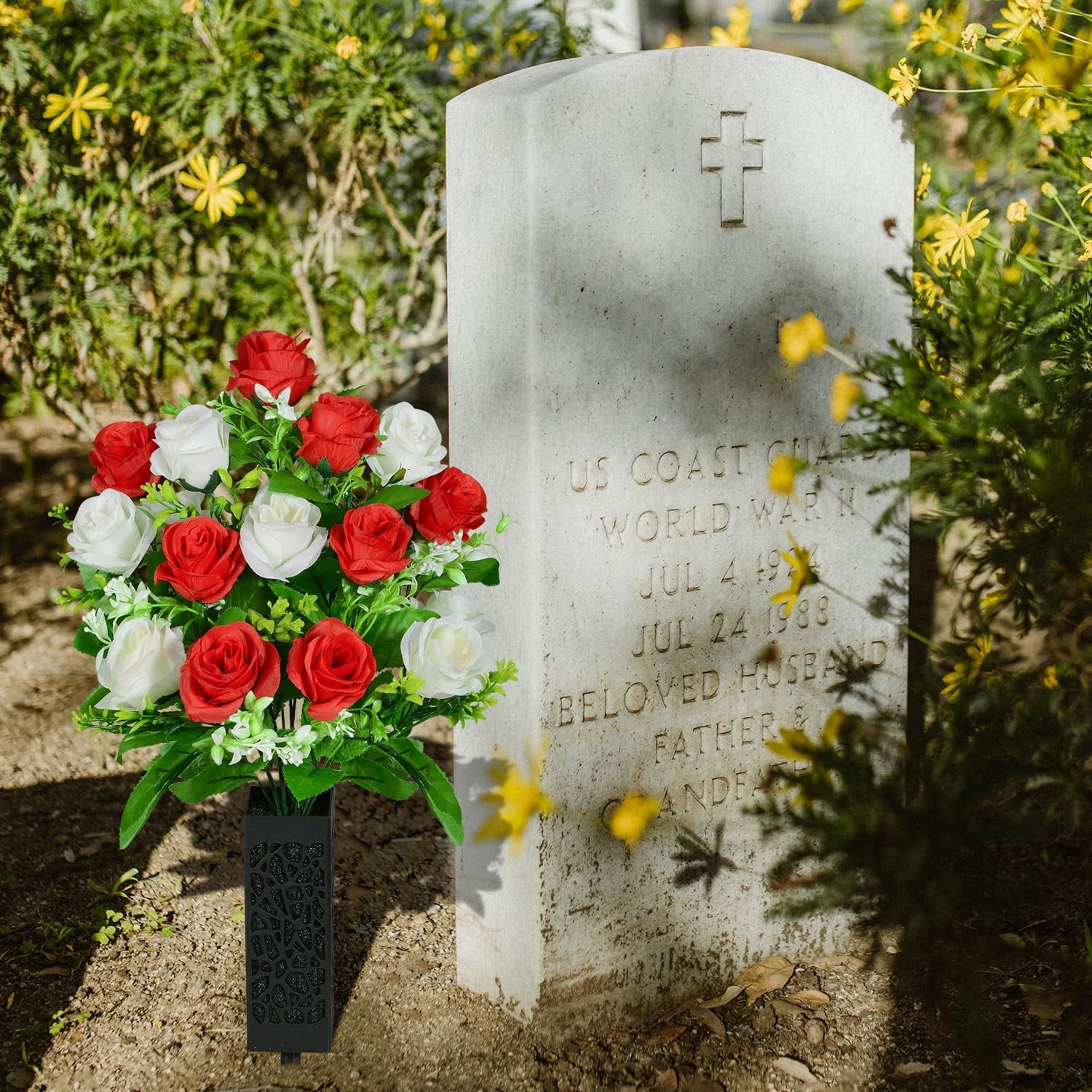 Artificial Cemetery Flowers, Grave Memorial Flowers with Vase, Artificial Rose Bouquet Decoration for Cemetery Headstones Gravesites, Set of 2 (Yellow), White