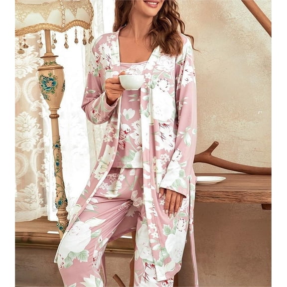 Women's 3-Piece Floral Pajama Set, Long Sleeve Robe with Belt, Cami Top & Lounge Pants, Soft Polyester Sleepwear for Home, Relaxing