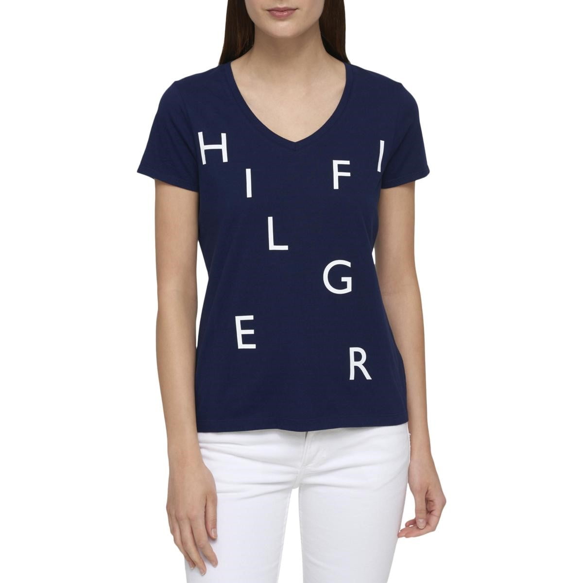 Tommy Hilfiger TOMMY HILFIGER Womens Navy Printed Short Sleeve V Neck