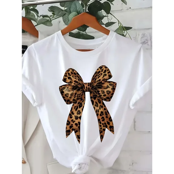 Women's Casual T-Shirt with Leopard Print Bow Graphic, Soft 100% Cotton Short Sleeve Crewneck for Summer