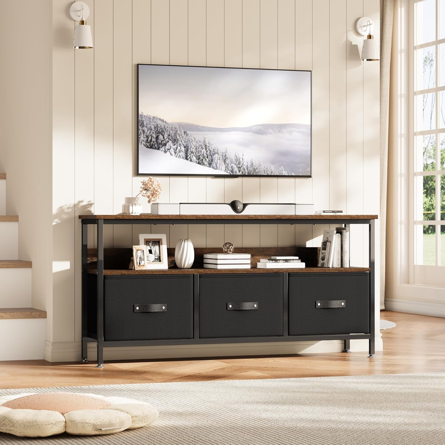 Homhougo 55 Inch TV Stand for Living Room, Dresser-Style TV Stand with 3 Drawers, Compact Entertainment Center with Storage Solutions, TV Console Table for Bedroom, Brown Finish with Black Drawers
