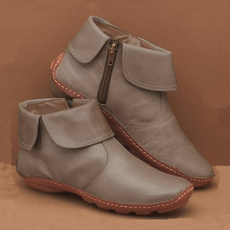 

Women s Winter Fashion Flat Vintage Pleated Round Toe Zip Up Ankle Boots