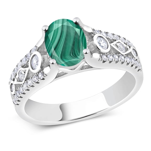 Gem Stone King 2.56 Ct Oval Green Malachite 925 Sterling Silver Ring