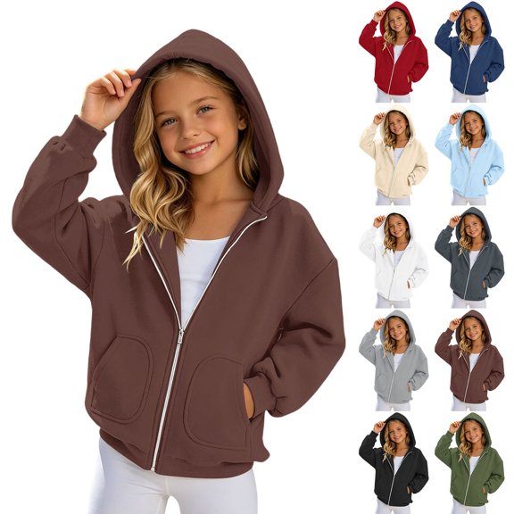 Girls Hoodies Long Sleeve Unisex Zip up Jacket Hoodie Casual Loose Fit Sweatshirts Girls Brown Sweatshirt Size 4-15 Years