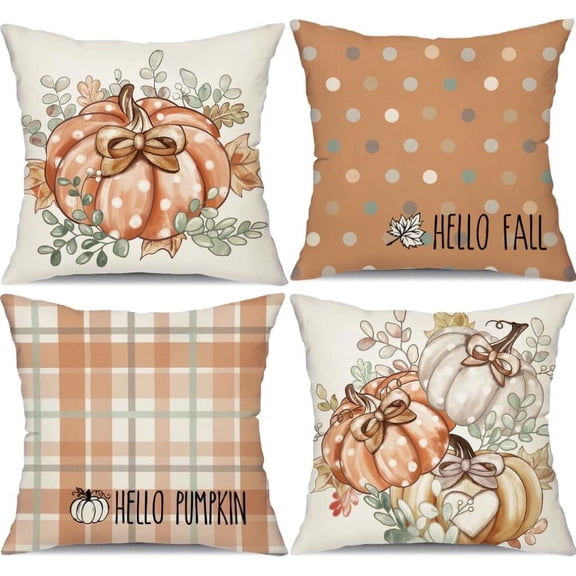 Fall Pillow Covers 18x18 inch Set of 4 Buffalo Plaid Fall Polka Dot Pumpkin Outdoor Throw Pillow Cover Autumn Thanksgiving Decoration for Home Couch Bed 099