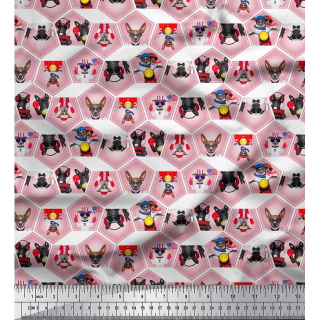 Soimoi Moss Georgette Fabric Geometric & Dogs Patchwork Print Fabric by The Yard 42 Inch Wide