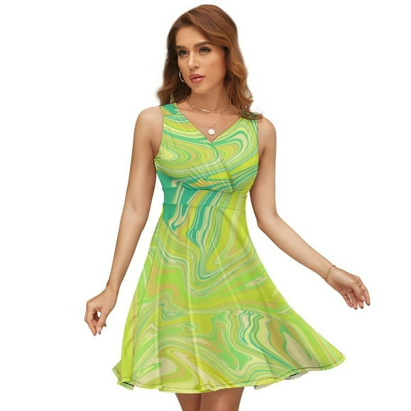 Lime Green Swirls Sleeveless Dress Women Summer Evening Dresses Ladies Sundress