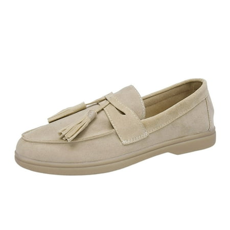 

SEMIMAY Fashion Four Seasons Women Casual Shoes Flat Bottom Round Toe Soft Lightweight Solid Color Suede Tassels Comfortable Slip On