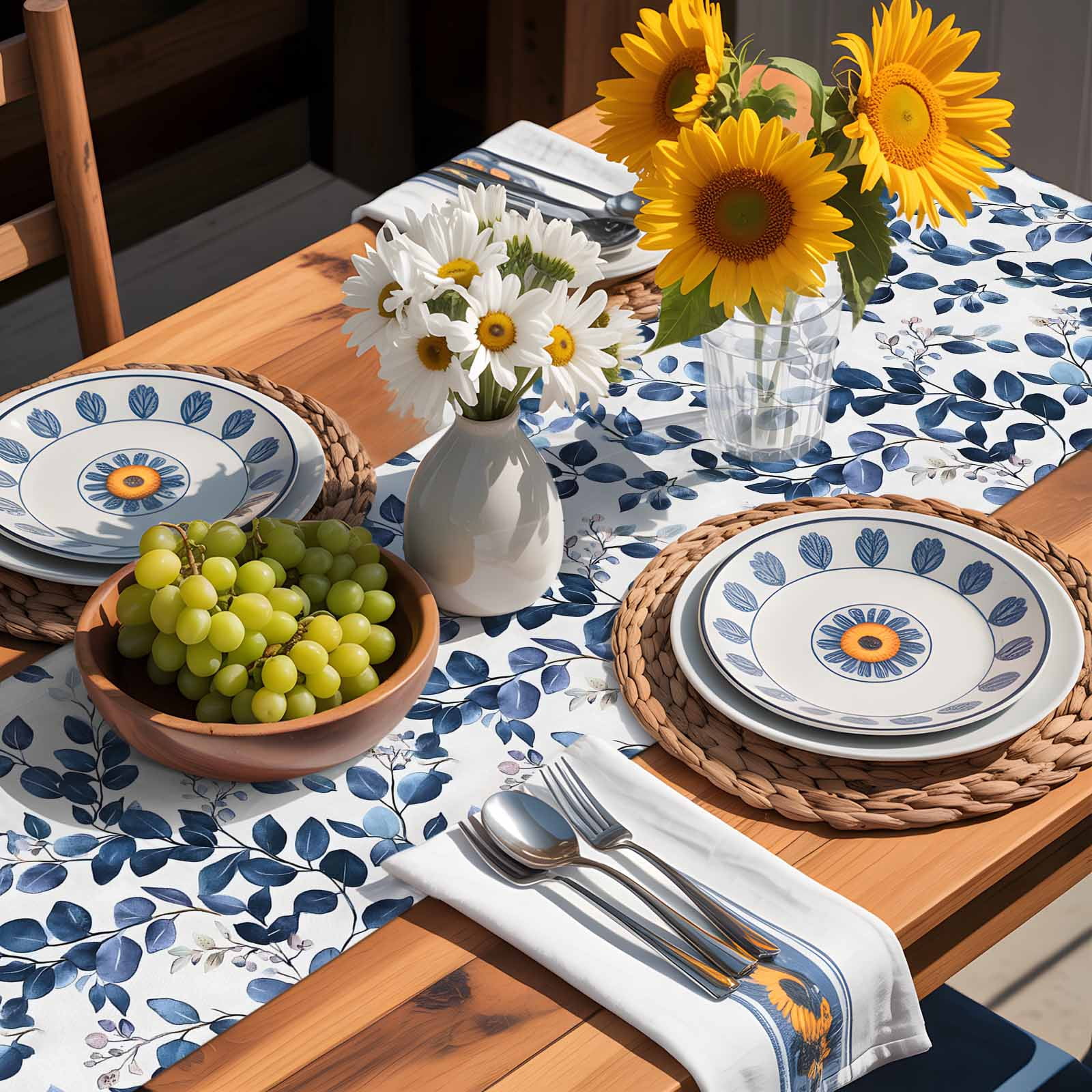 Pastoral Eucalyptus Leaves Table Runner 90 Inches Long, Navy Blue Botanical On White Table Runners Tabletop Scarf Kitchen Dining Tables Decoration for Home Party Indoor Outdoor