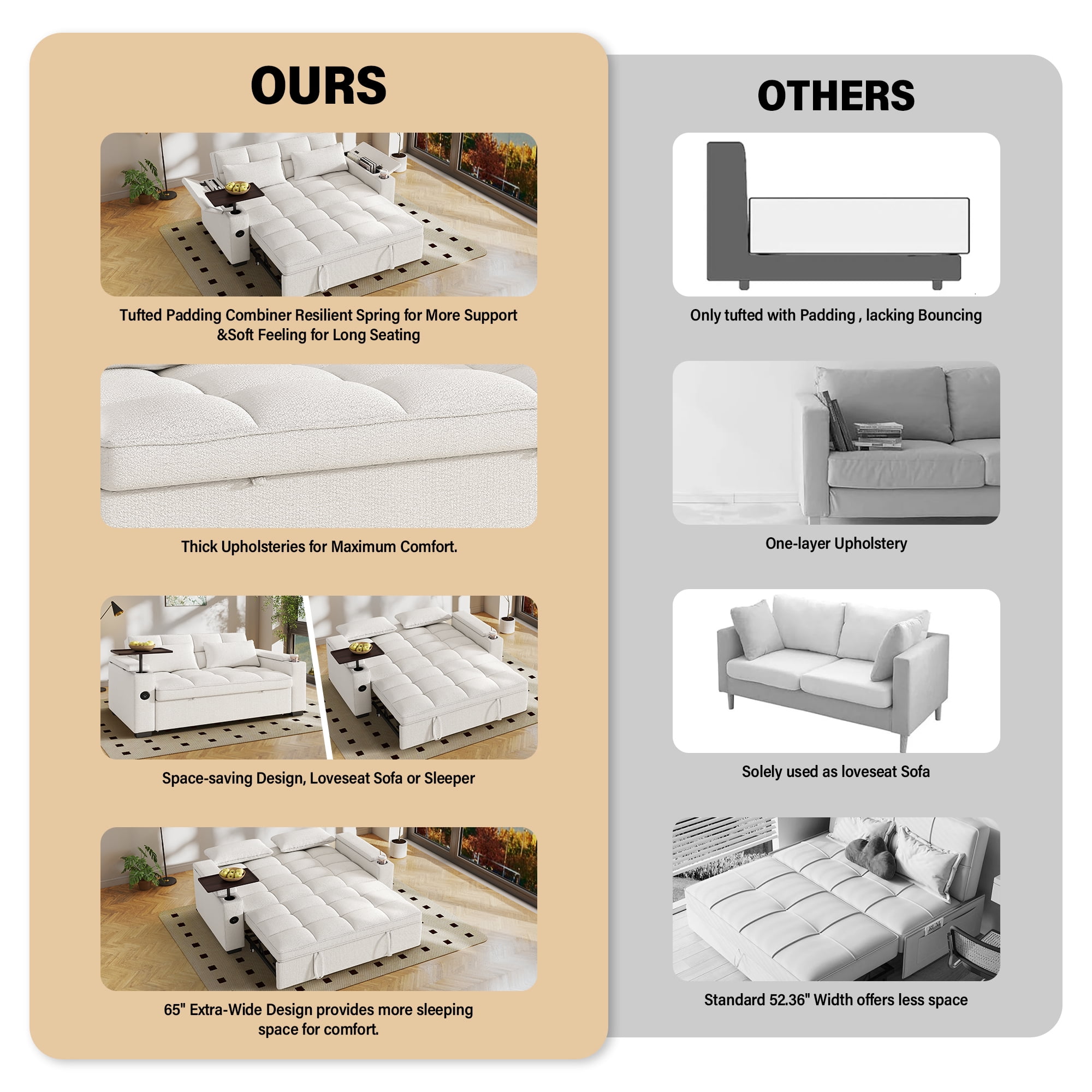 Aukfa 65"W Convertible 3-in-1 Sofa Bed with Storage, Queen Chenille Sleeper Couch with USB/Type-C Ports & Rotating Side Table,Beige
