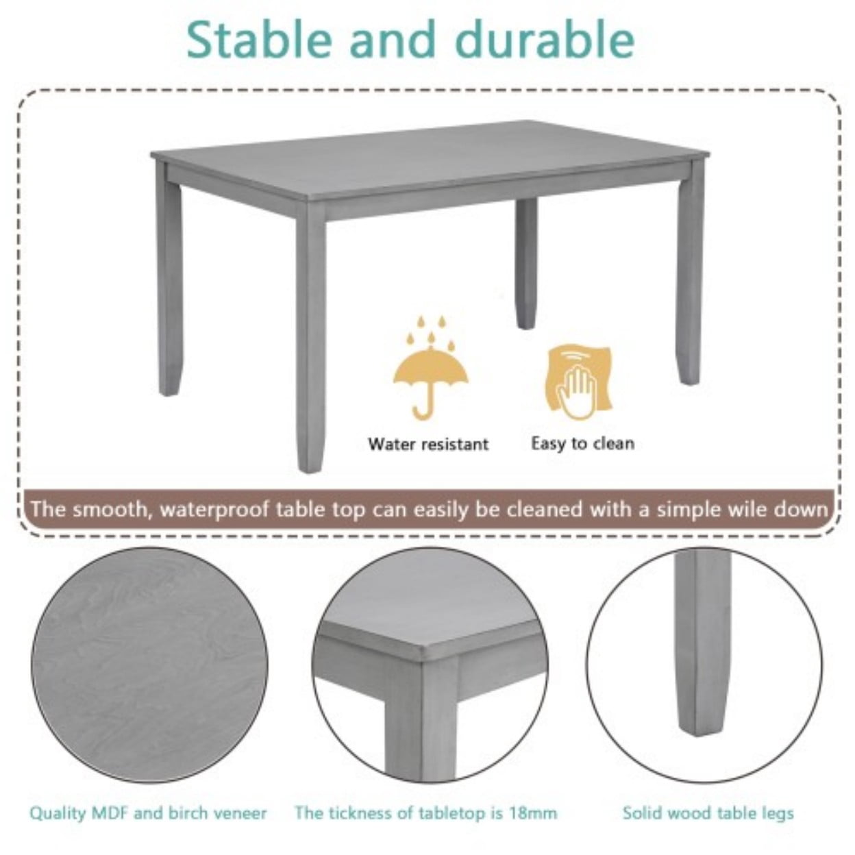 45.5" Rectangular Wood Dining Table for 4, Modern Farmhouse Kitchen Table, Solid Wood Legs, MDF & Birch Veneer Dining Desk for Small Spaces, Gray