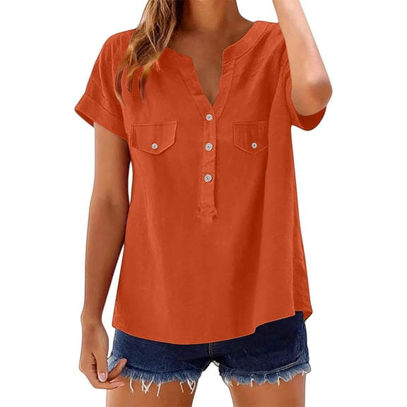 Womens Button Down Linen Shirts,Button Down Shirts Blouse Rolled Cuffed Short Sleeve Shirts Casual Work Blouse Summer Hawaiian Outfits Business Work Shirt