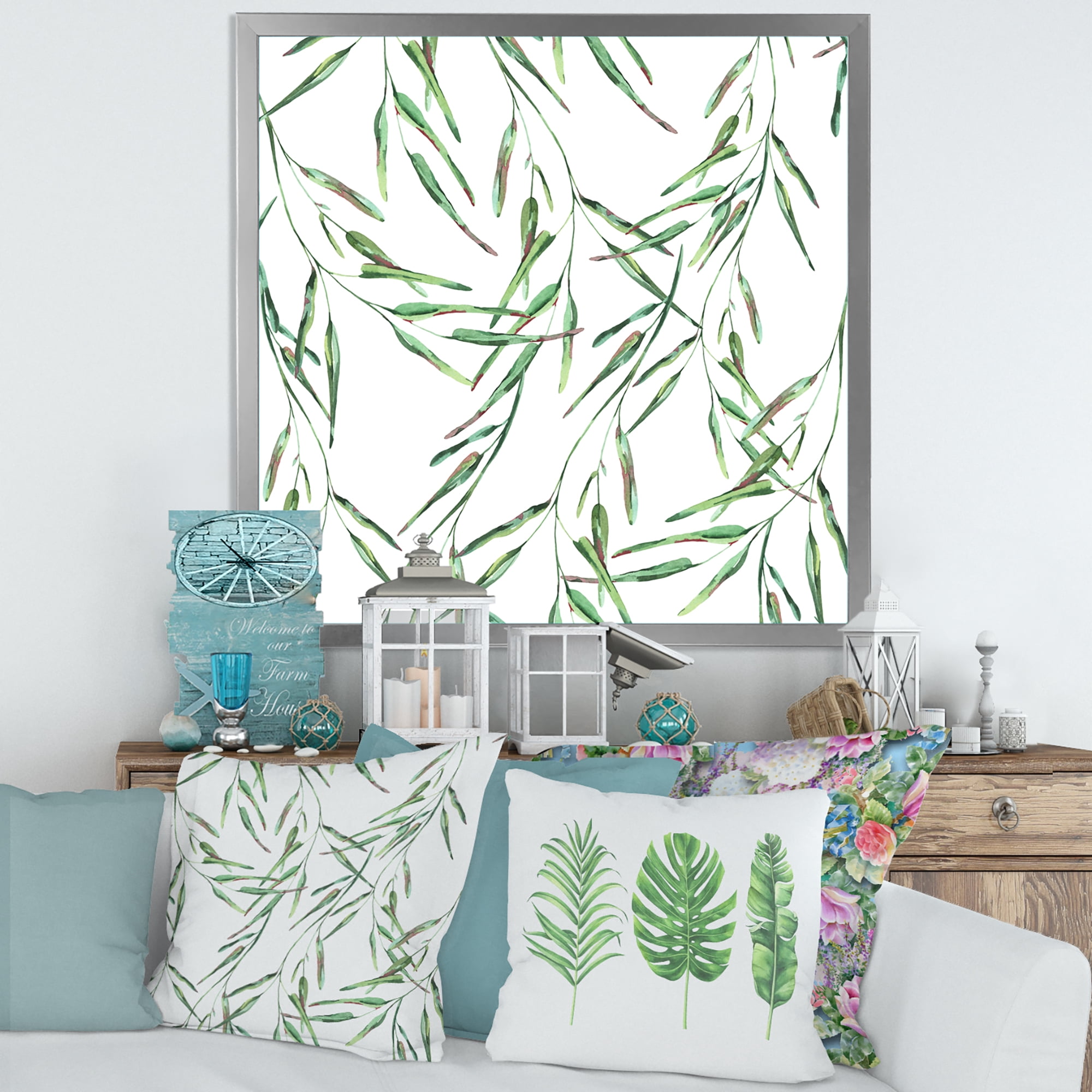 Designart 'Tropical Green Leaves On White In Summer Times II' Tropical Framed Art Print
