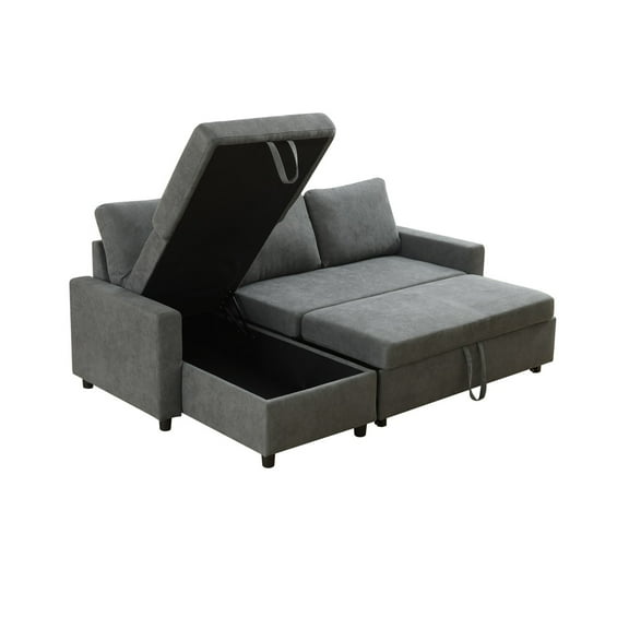 Hommoo Flannelette Reversible L-Shaped Sleeper Sofa Bed, Modern Sectional Couch Sofa Bed with Storage, Pull-Out Couch Sofa for Living Room, Bedroom and Office, Dark Grey