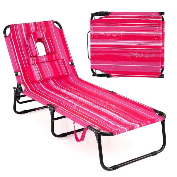 Gymax Folding Face Down Tanning Chair Beach Lounge Chair w/ Face Hole 3 Removable Pillows & 4-Position Adjustable Backrest