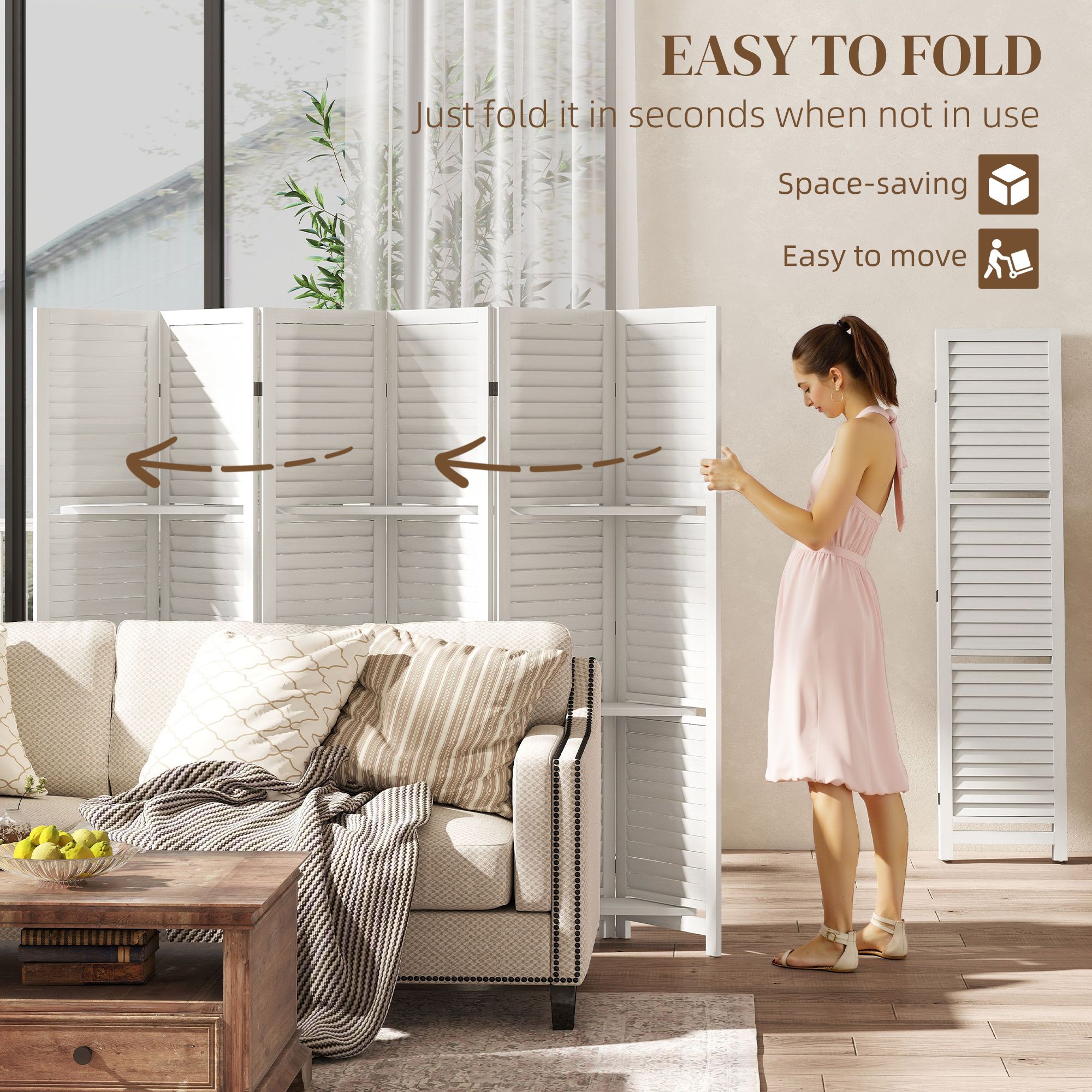 Alvantor 6 Panel Room Divider 67" Wood Privacy Screen with Storage Shelves for Porch Living Room Dorm White