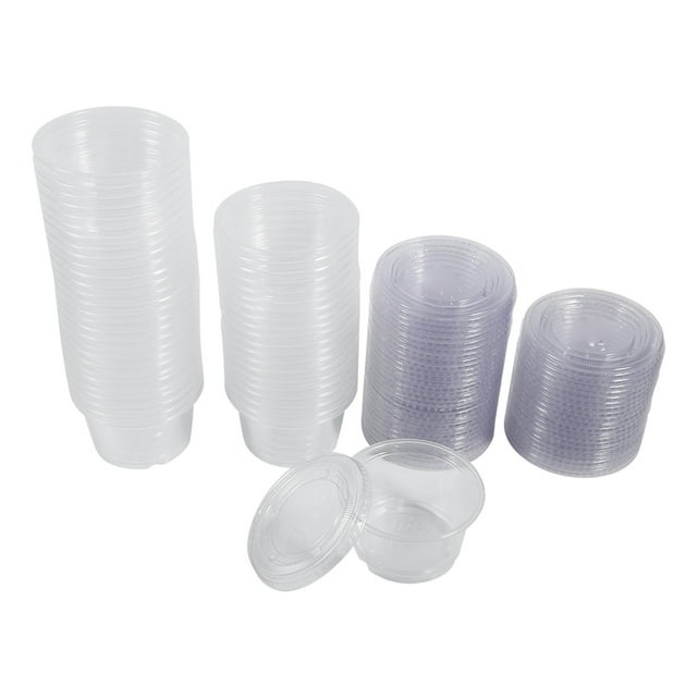 1-4oz Portion Cups With Lids, Small Plastic Containers with Lids, Airtight and Stackable Souffle Cups, Jello Shot Cups, Sauce Cups, Condiment Cups for Lunch, Party, Trips
