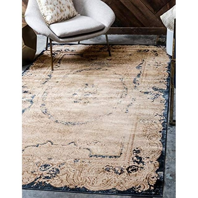 Unique Loom Chateau Distressed Vintage Traditional Textured Rug_VIL009, 9 x 12 Feet, Beige/Navy Blue