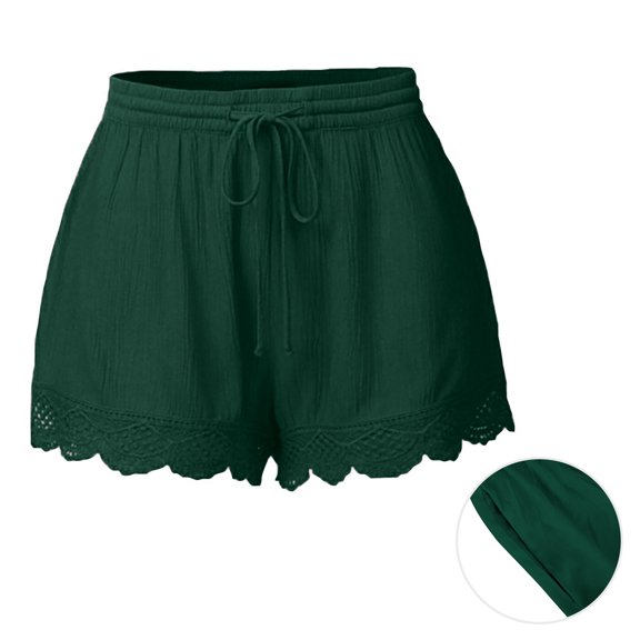 Alkepwun Women's Casual Loose Drawstring Elastic Waist Lounge Shorts - Comfy Lace Trim Summer Beach Ruffle Wide Leg Shorts with Pockets