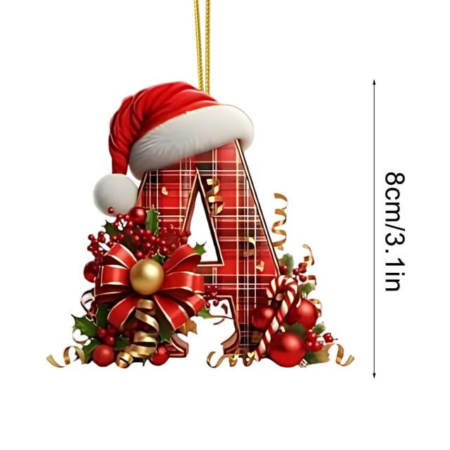 Christmas Tree Ornaments 2D Acrylic Monogram Pendants With Santa Hat 26 Letters Hanging Decorations For DIY Crafts And Home Decor