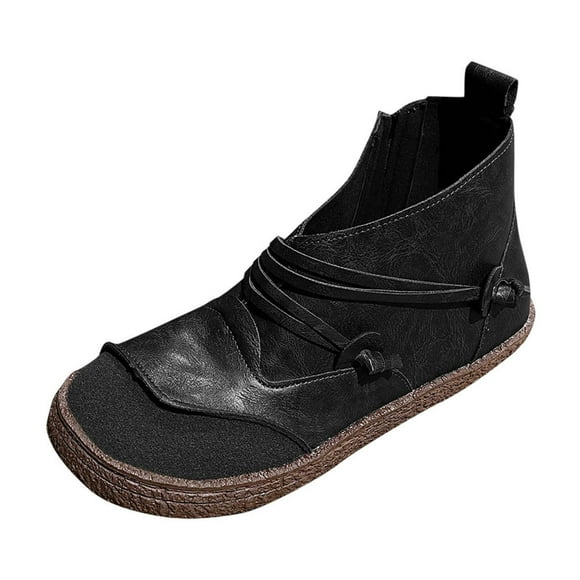 RXMEKW Side Zipper Flat Ankle Boots for Women, Casual Winter Boots with Round Toe and Solid Color Splicing, Black
