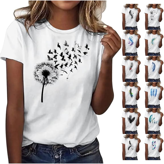 NSLGXD Women's T-Shirts Summer Short Sleeve Crew Neck Tee Shirts Fashion Funny Graphic Tees Casual Loose Ladies Tshirts Cute Print Tunic Tops White S