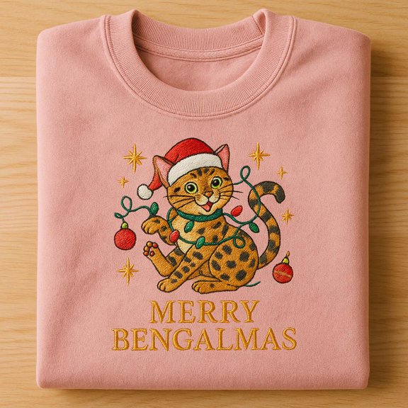 Merry Bengalmas Embroidered Sweatshirt, Bengal Cat Christmas Gift, Leopard Spotted Cat Hoodie, Holiday Pet Mom Tee
