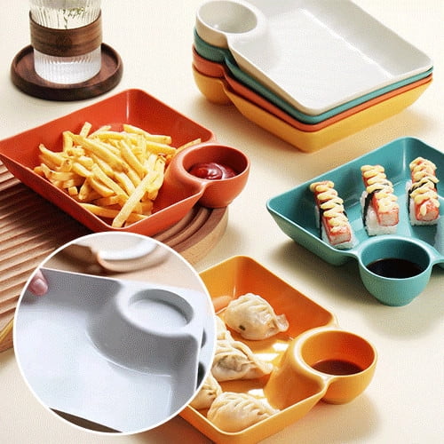 RRJ 4Pcs Japanese Style Dumpling Plate With Vinegar Dish, Reusable Stackable Plastic Serving Tray, Sushi Dessert Snack Appetizer Organizer, For Home Kitchen Restaurant Party Family Gathering