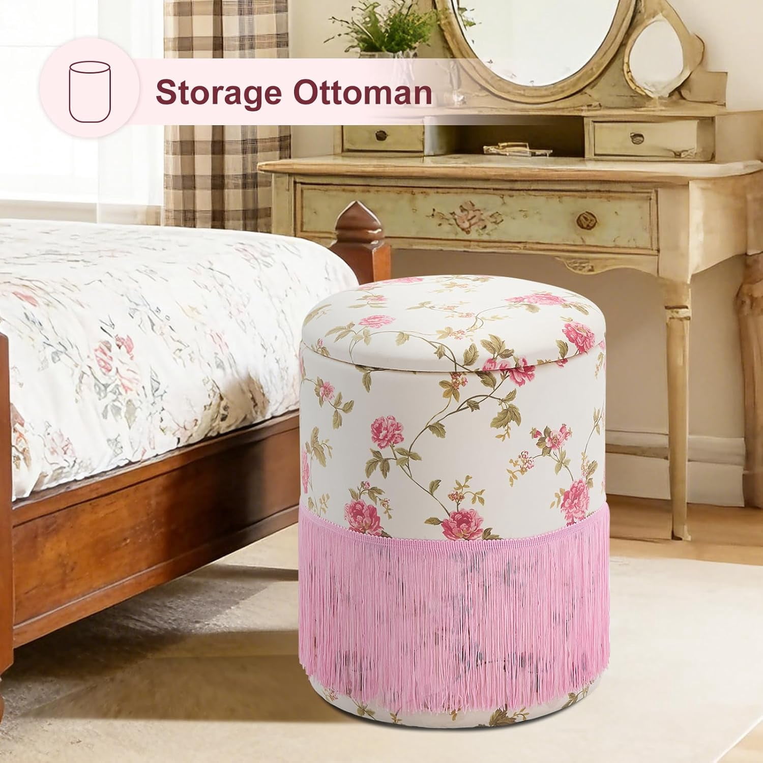Casa Pura Furniture Round Velvet Ottoman with Fringe, Hidden Storage, White, 17.72 in H x 13.78 in D