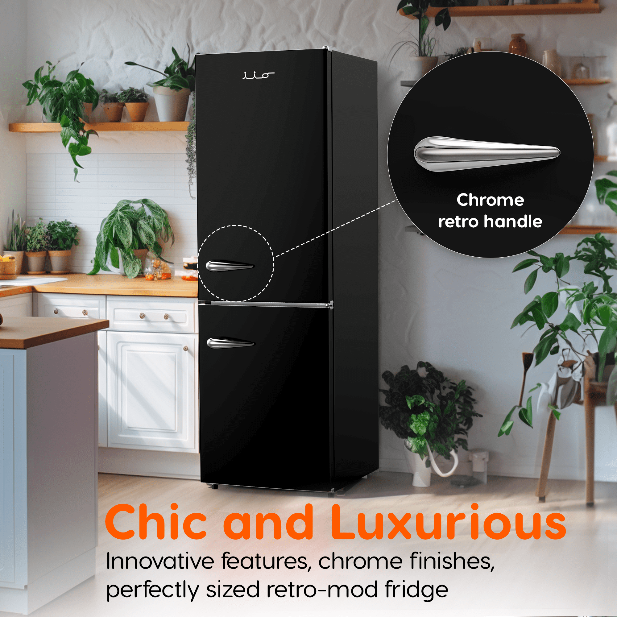 iio 24" 11 Cu Ft Bottom Freezer Retro Refrigerator, Fridge for Bedroom, Multiflow 360, Small Mini Ice Cube Tray, 1 Fruit container, LED, Dorm RV Office Beverage Quiet Compressor, Black (Right Hinge)