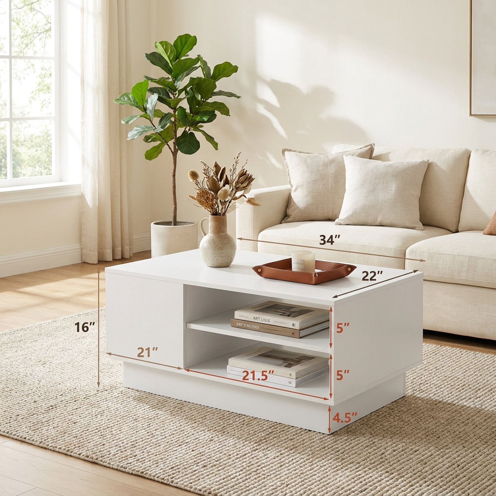 Furnibear Modern 2-Tier Coffee Table with Open Storage Compartments Recessed Base and Non-Slip Foot Pads for Living Room, White