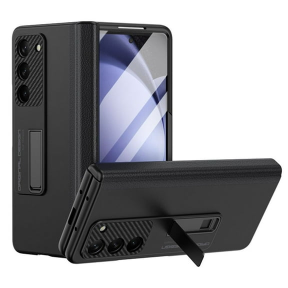 Haobuy for Samsung Galaxy Z Fold 5 Leather Case with Screen Protector Kickdtand All-Inclusive Shockproof Case-Black