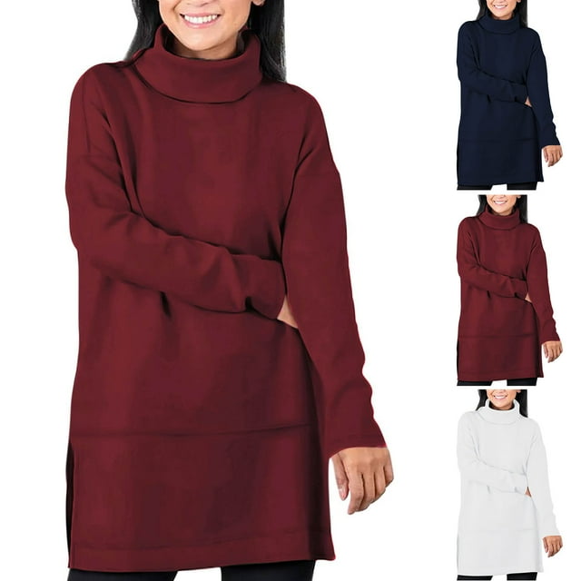 Fanxing Womens Plus Size Tops Turtle Neck Long Sleeve Shirts Trendy Solid Color Pullover Mock Neck T Shirts Navy,XXXXXL