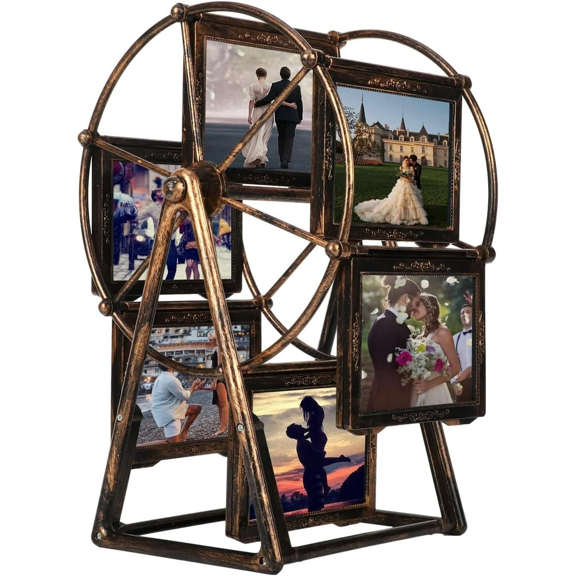 12 Photos Rotating Ferris Wheel Picture Frame, Vintage Embossed Designs 5 inches Frame for Home Decor Wedding Birthday Gifts, Antique Bronze