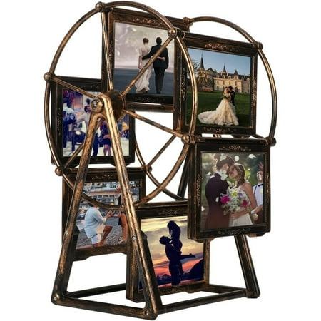 12 Photos Rotating Ferris Wheel Picture Frame, Vintage Embossed Designs 5 inches Frame for Home Decor Wedding Birthday Gifts, Antique Bronze
