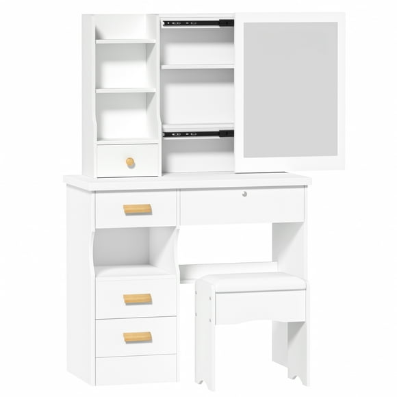 Vanity Desk with Sliding Mirror, Bedroom Dressing Table, Makeup Table with 5 Drawers & Shelves, Hidden Storage Space