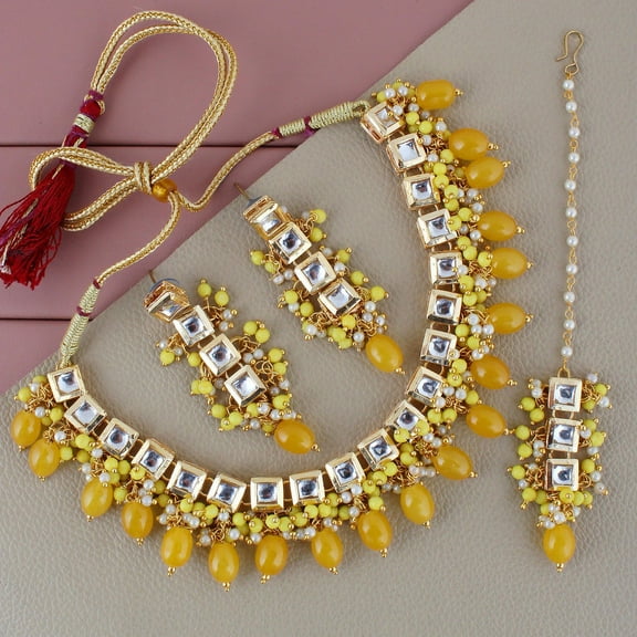 Lucky Jewellery Back Meenakari Stone Bollywood Style Handcrafted Indian Jewelry 18k Gold Plated Yellow Color Tika Earring Combo Uncut Big Faux Kundan Choker Necklace Set