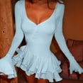thumbnail image 6 of Women'S Long Sleeve Wedding Guest Dresses Sexy Deep V Neck Flare Ruffle Bodycon Dress Blue M, 6 of 7