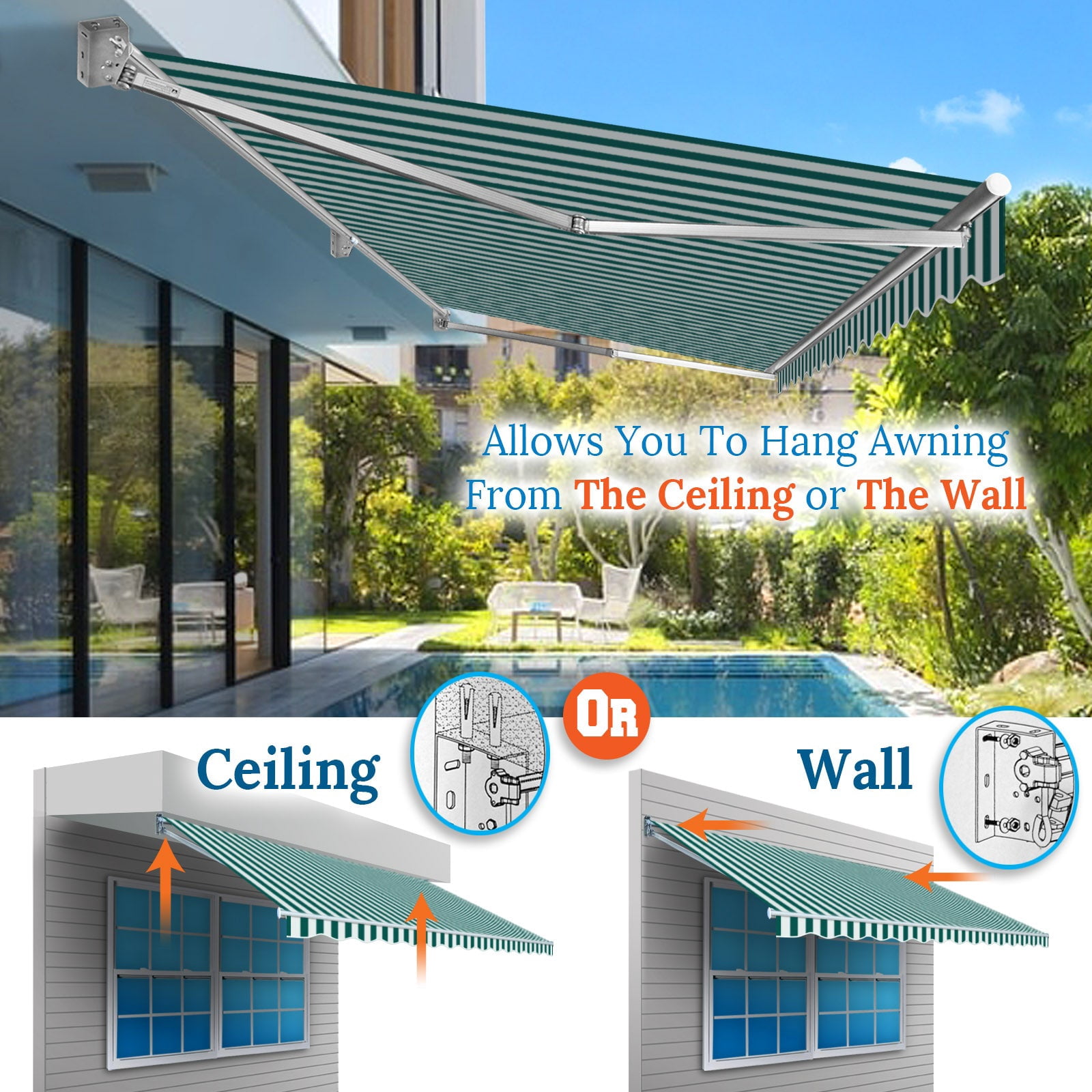 SUNRISEUMBRELLA Outdoor Patio Awning Retractable Awning Sun Shade Manual Patio Deck Awning (13'x10',Green with white)