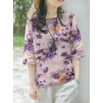 thumbnail image 3 of ZANZEA Women 3/4 Sleeve Blouse Floral Print Crewneck Cotton Linen Casual Shirt Tops, 3 of 4