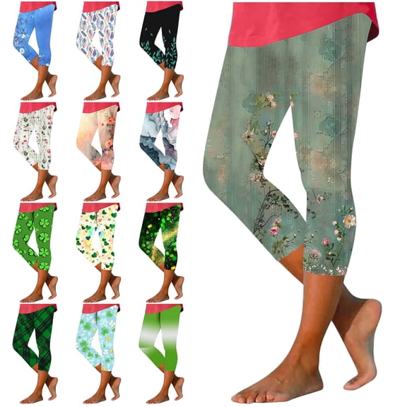 QATAINLAV Womens Capri Leggings Summer Boho Floral Print Tights High Waisted Cropped Pants Stretch Trendy Workout Trousers Green XXXL