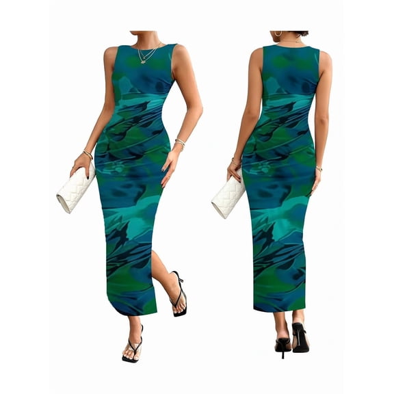 Women'S Sleeveless Summer Wedding Guest Dress Bodycon Floral Mesh Ruched Cocktail Maxi Dresses Dark Green S