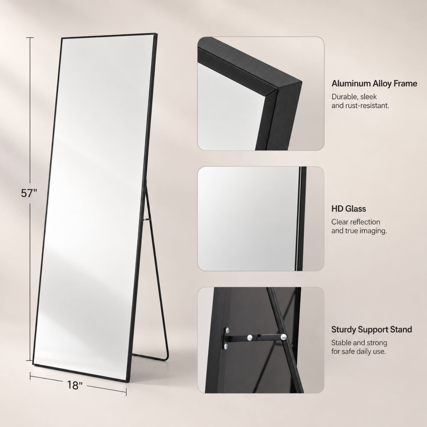 Easy4Home 57"x18" Full Length Mirror Rectangular Standing Floor Mirror Wall Mounted, Black