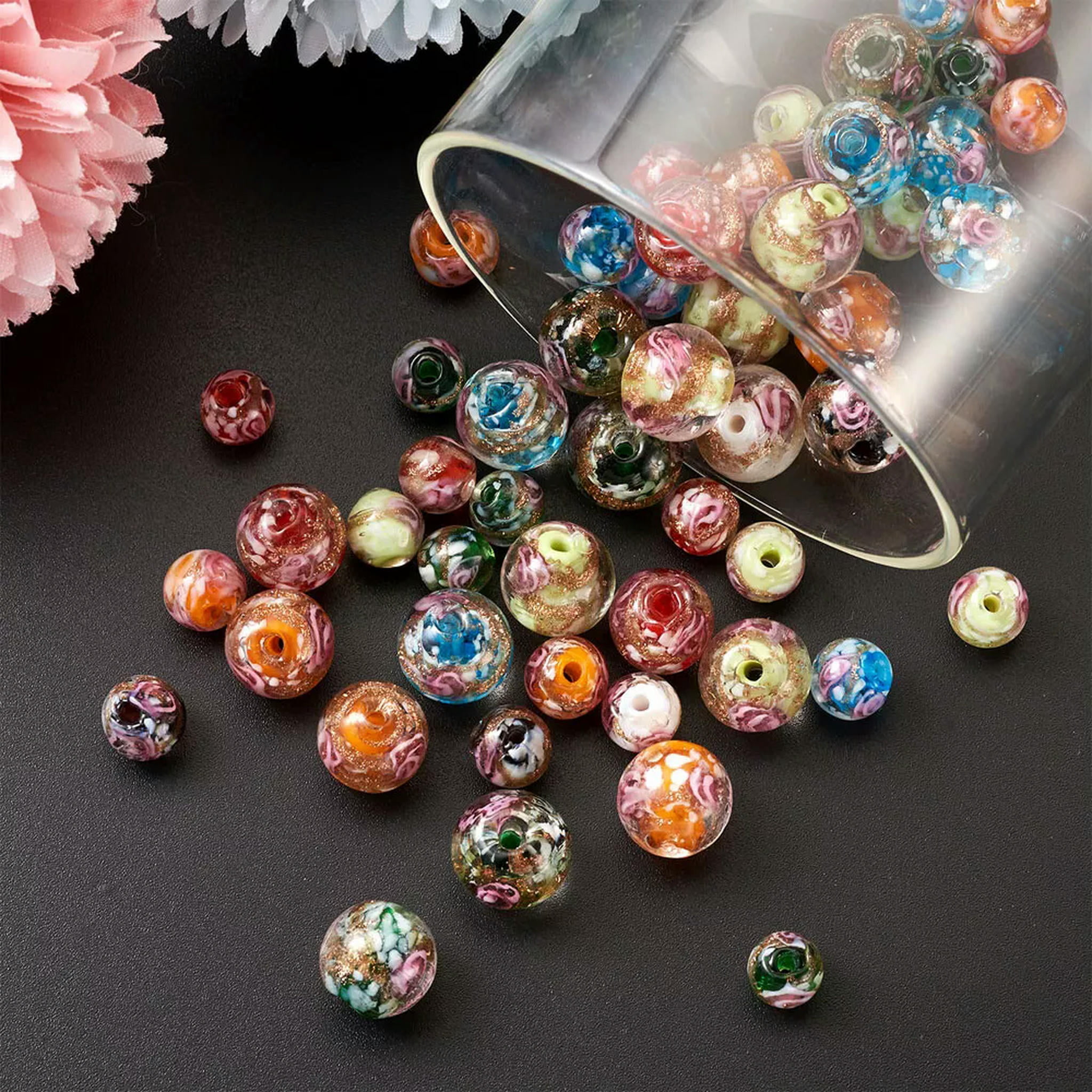 EOEMY 70Pcs Round Handmade Gold Sand Lampwork Beads Inner Flower Loose Spacer 8~12.5mm