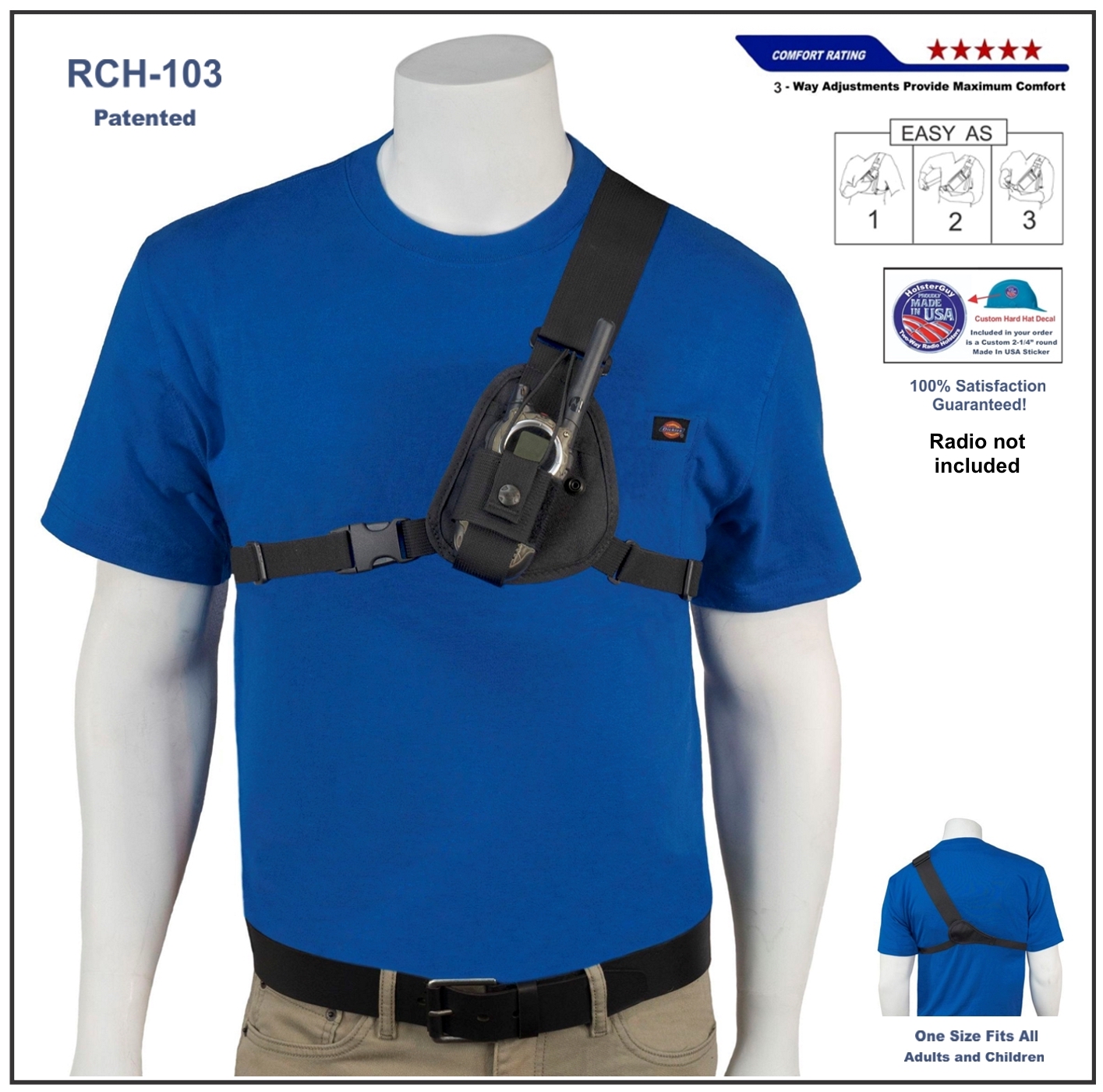 HOLSTERGUY RCH-103 Chest Harness Shoulder Radio Holster Pack with Adjustable Depth Pouch for small Motorola Talk About Two-Way Radios and Walkie Talkies. Made in USA