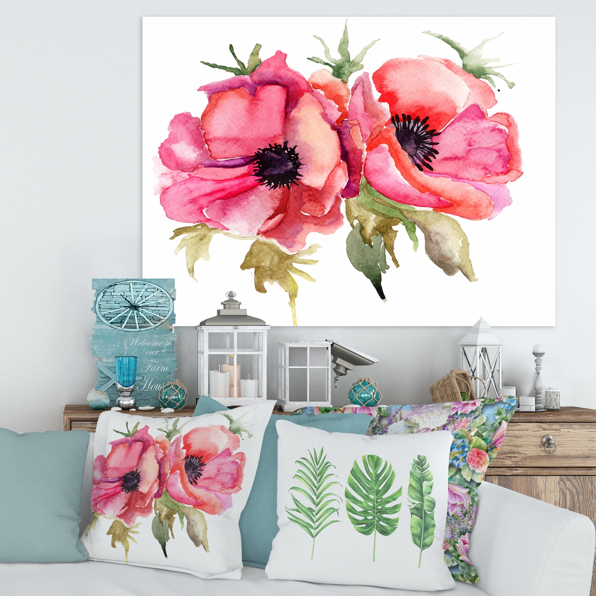 Designart ' Stylized Pink Poppy Flowers ' Traditional Canvas Wall Art Print