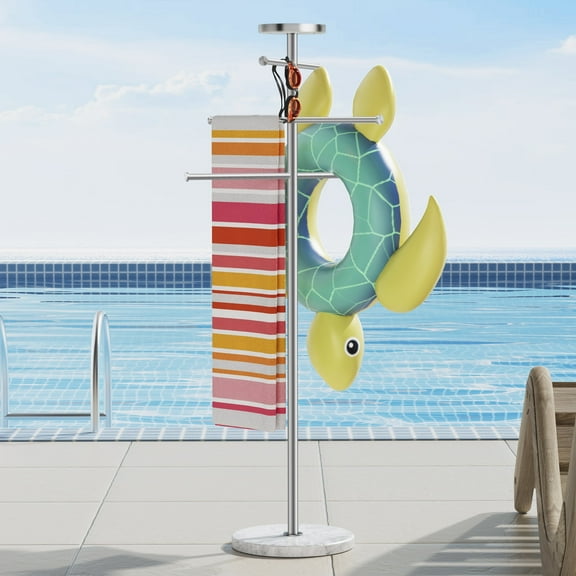 KES Natural Marble Outdoor Towel Rack with Weighted Marble Base, Pool Towel Rack Outdoor for Hot Tub 18/8 Stainless Steel, Adjustable 3 Arms with Storage Tray Brushed