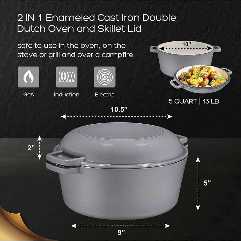 Bruntmor 2-in-1 Puple Enamel Cast Iron Dutch Oven & Skillet Set, All-in-One Cookware for Induction, Electric, Gas, Stovetop & Oven, 5 Quart  in 2023