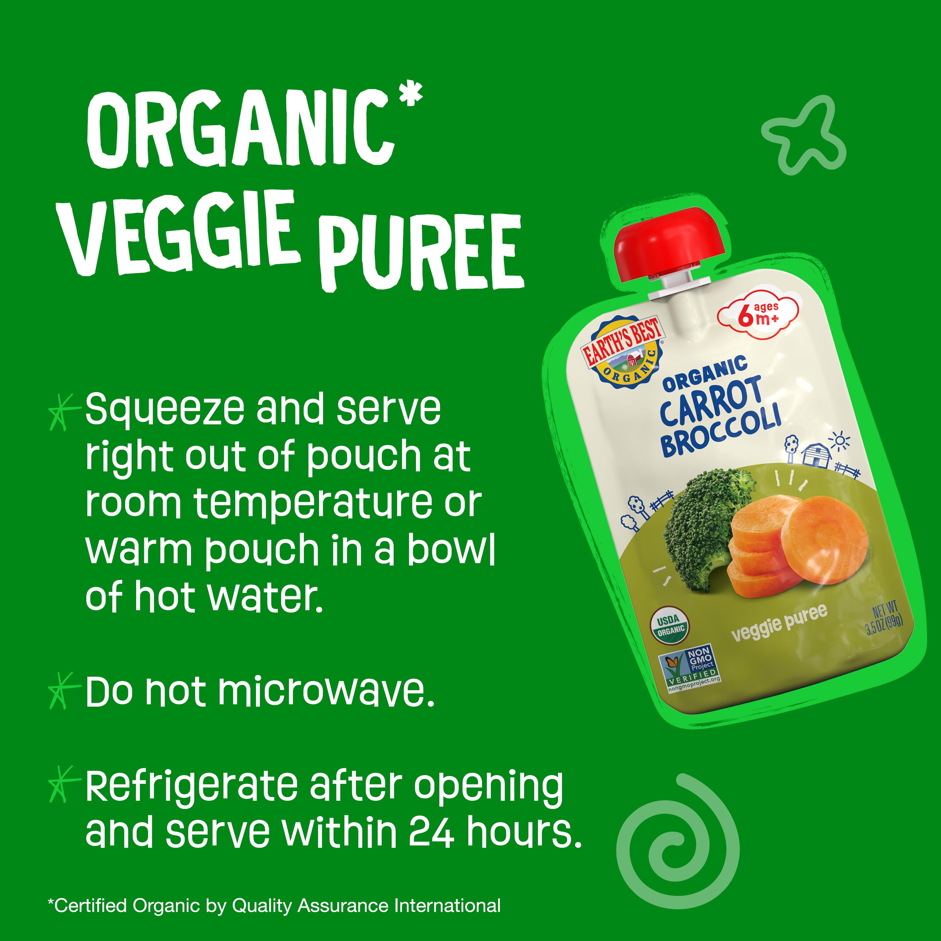Earth's Best Organic Stage 2 Baby Food, Carrots Broccoli Veggie Puree, 3.5 oz Pouch